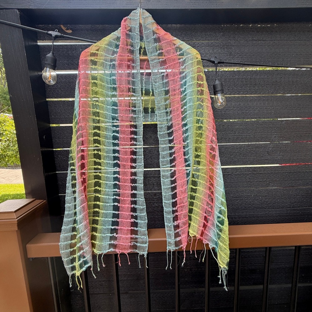 Fleurs Women OS Scarf Multi Color Sheer Rainbow Striped Fringe Boho Fairycore